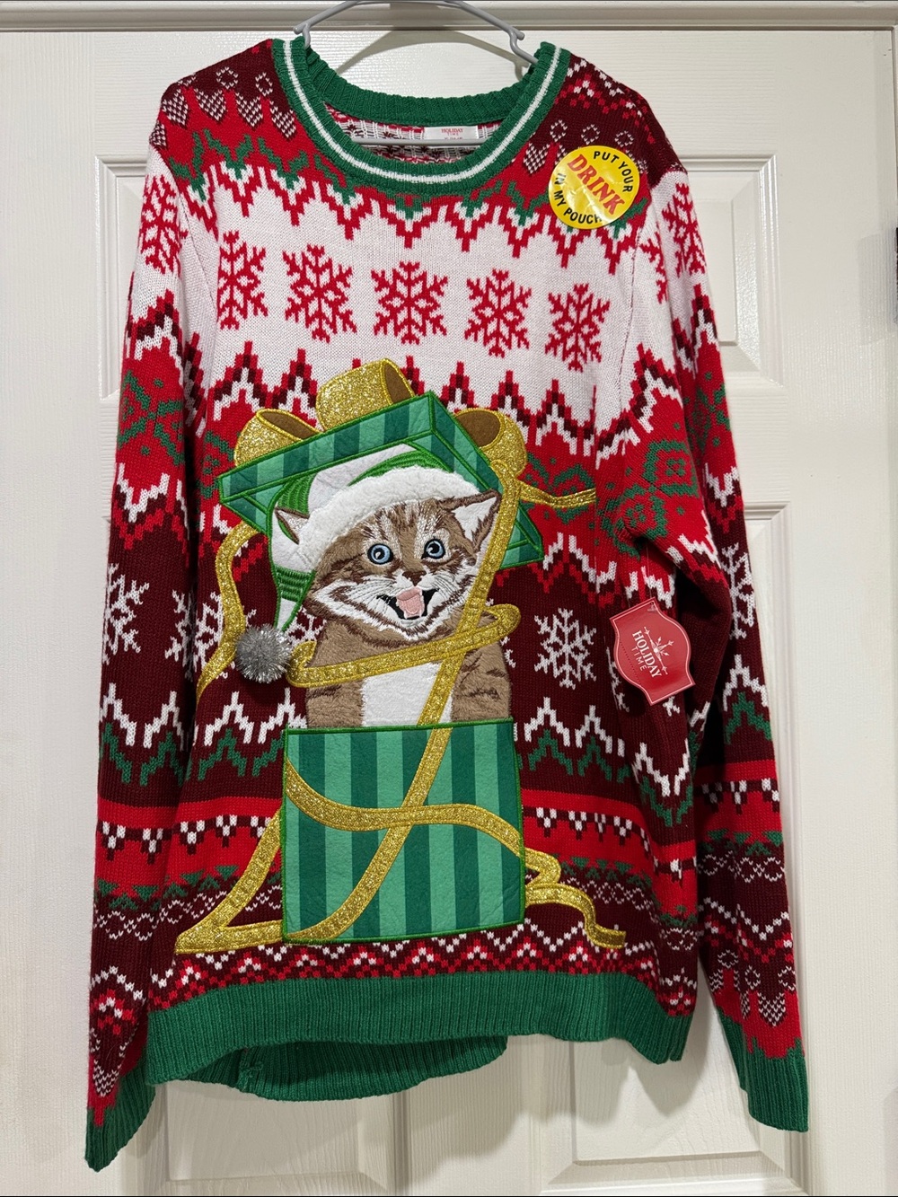 Holiday Time Red White Green Cat-in-Gift Novelty Christmas Sweater